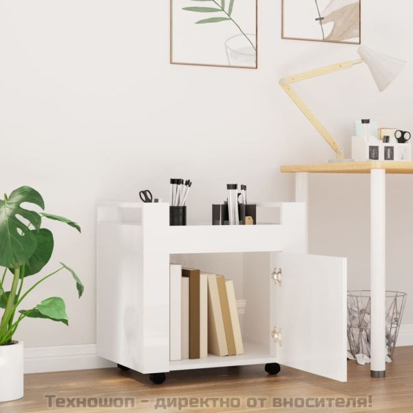 Бюро на колелца, бял гланц, 60x45x60 см, инженерно дърво