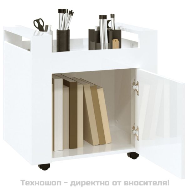 Бюро на колелца, бял гланц, 60x45x60 см, инженерно дърво