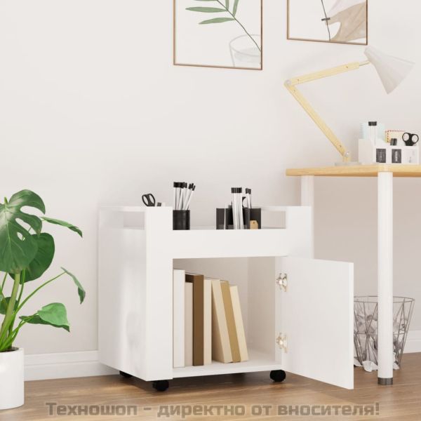 Бюро на колелца, бяло, 60x45x60 см, инженерно дърво