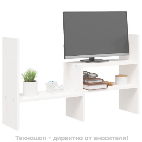 Поставка за монитор, бяла, (39-72)x17x43 см, бор масив