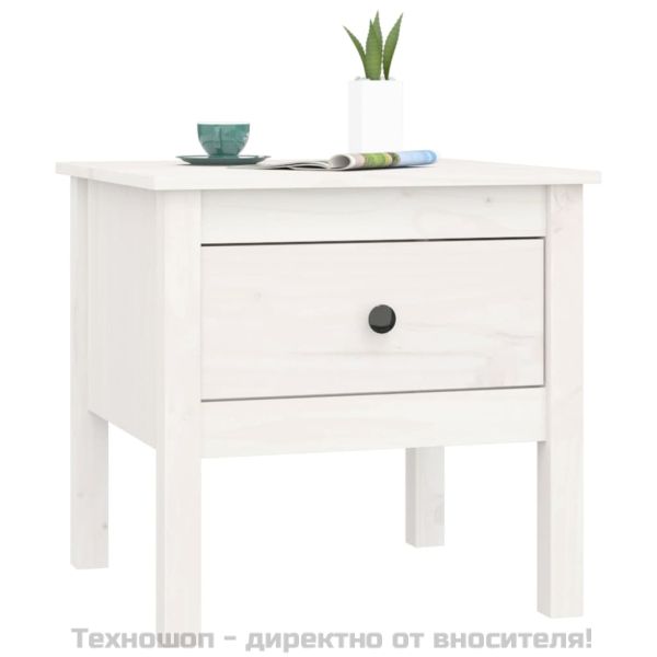 Странична масичка, бяла, 50x50x49 см, борово дърво масив