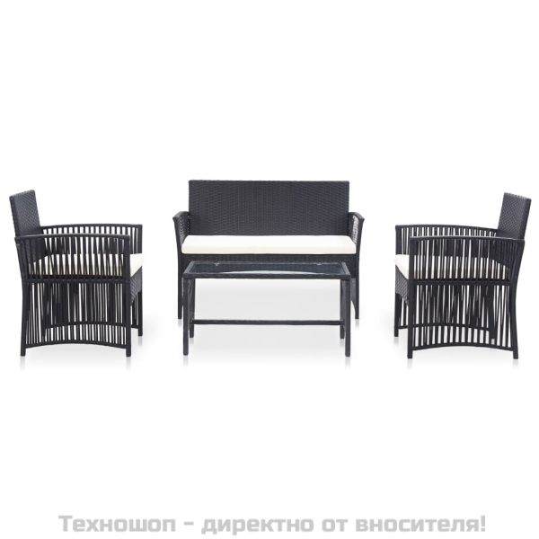 Градински комплект с възглавници, 4 части, черен полиратан