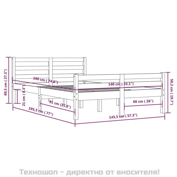 Рамка за легло, сива, масивно дърво, 140х190 см
