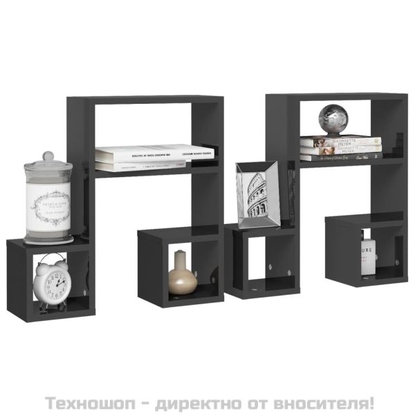 Стенни рафтове, 2 бр, сив гланц, 50x15x50 см, инженерно дърво