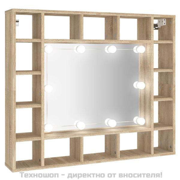 Огледален шкаф с LED, сонома дъб, 91x15x76,5 см