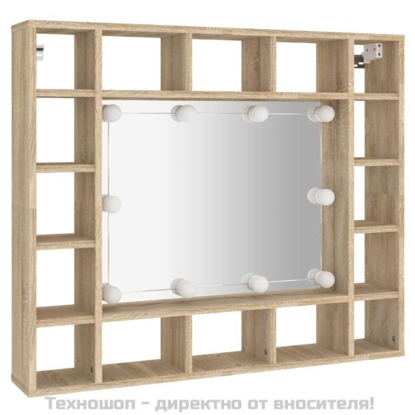 Огледален шкаф с LED, сонома дъб, 91x15x76,5 см