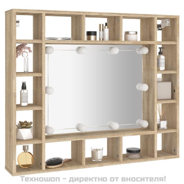 Огледален шкаф с LED, сонома дъб, 91x15x76,5 см