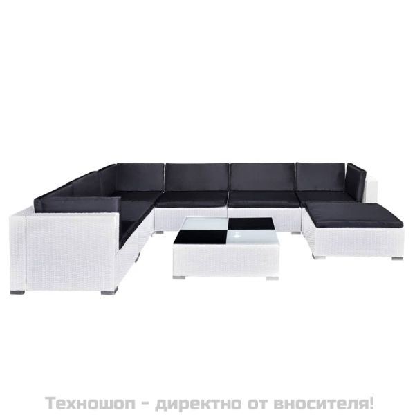 Градински комплект с възглавници, 8 части, бял полиратан