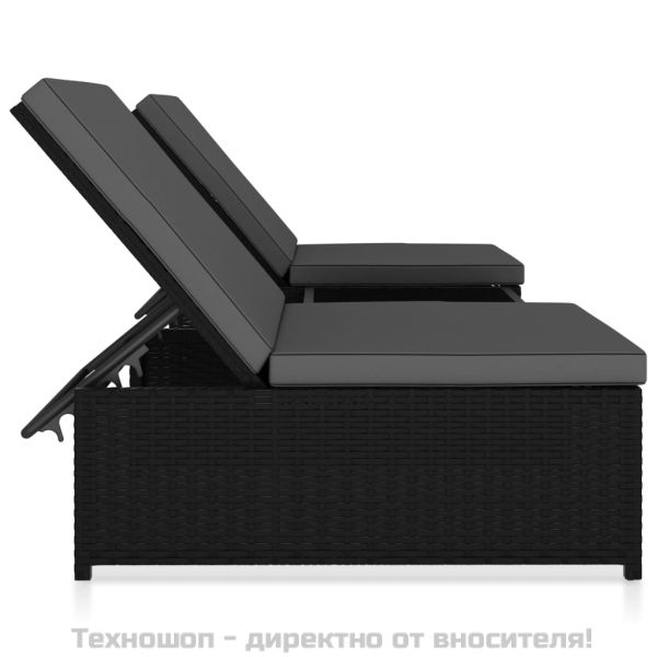 Шезлонги, 2 бр, с масичка, полиратан, черни