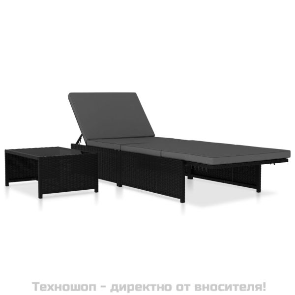 Шезлонги, 2 бр, с масичка, полиратан, черни
