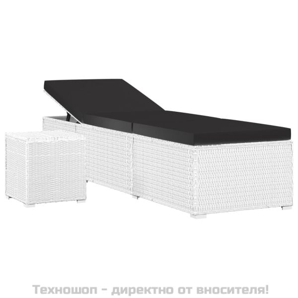 Шезлонг с шалте и маса за чай, бял полиратан