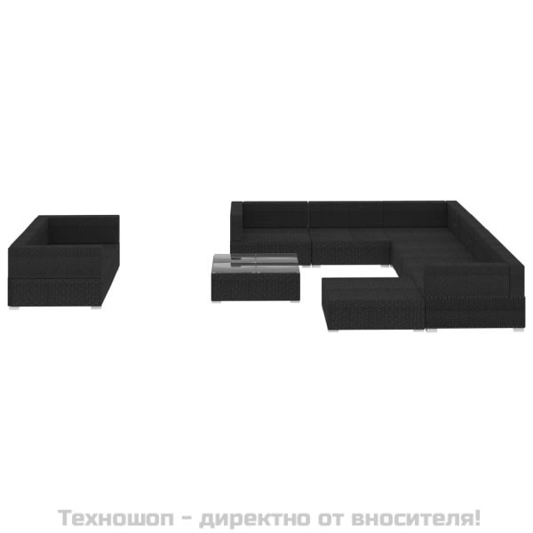 Градински комплект с възглавници, 10 части, черен полиратан