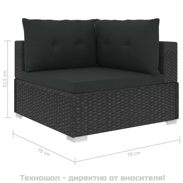 Градински комплект с възглавници, 10 части, черен полиратан