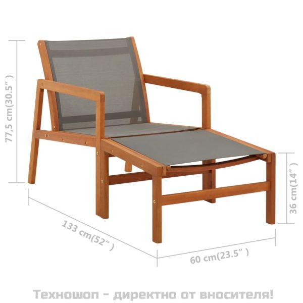 Градински стол с подложка за крака сив евкалипт масив textilene