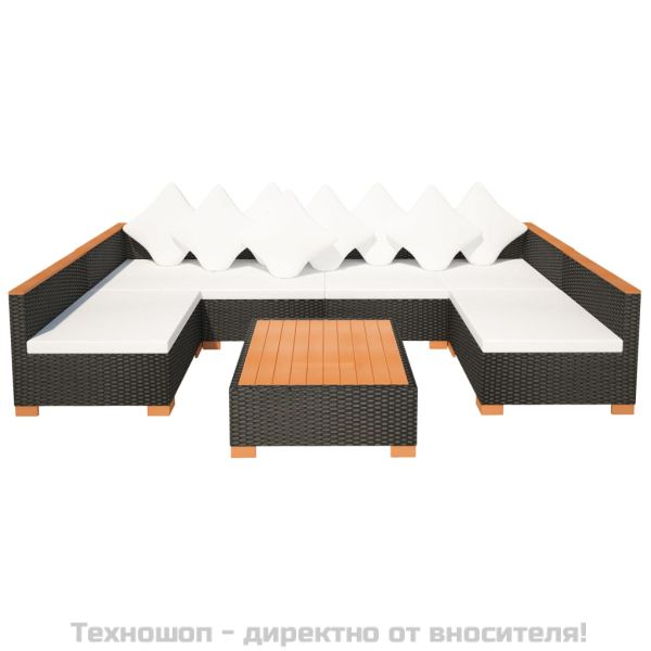 Градински комплект с възглавници, 7 части, черен полиратан