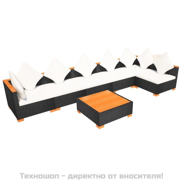 Градински комплект с възглавници, 7 части, черен полиратан