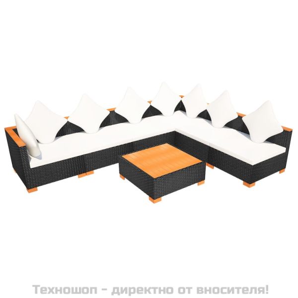 Градински комплект с възглавници, 7 части, черен полиратан