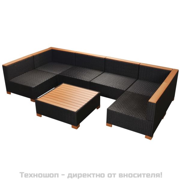 Градински комплект с възглавници, 7 части, черен полиратан