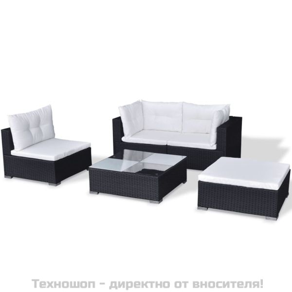 Градински комплект с възглавници, 5 части, черен полиратан