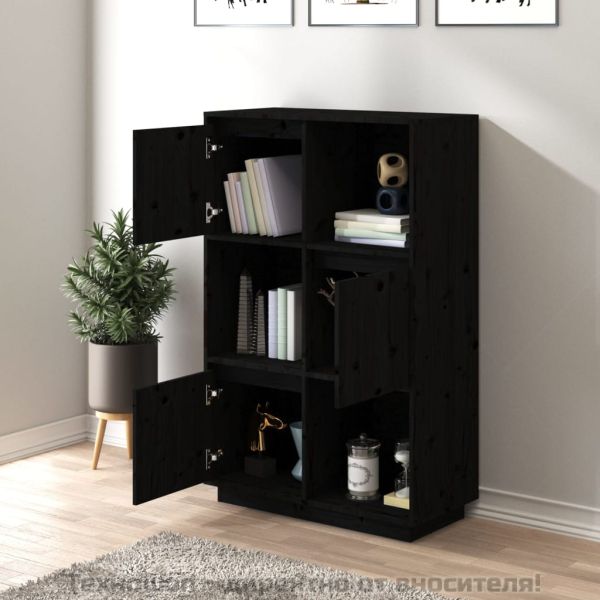 Висок шкаф, черен, 74x35x117 см, борово дърво масив