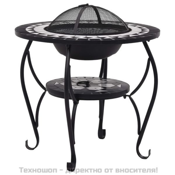 Мозаечна маса с огнище, черно и бяло, 68 см, керамика