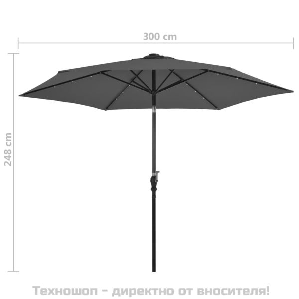 Градински чадър с LED светлини, стоманен прът, 300 см, антрацит