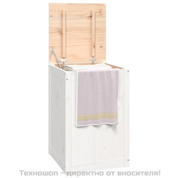 Кутия за пране, бяла, 44x44x66 см, борово дърво масив