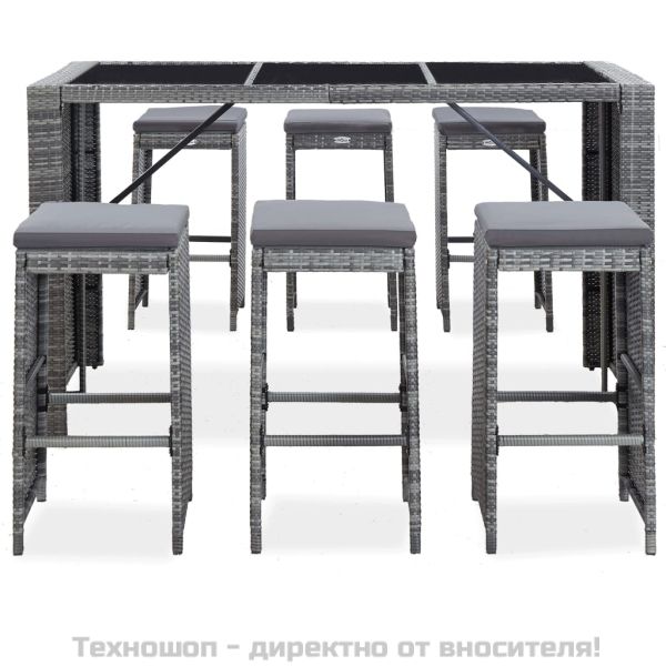 Градински бар комплект с възглавници, 7 части, полиратан, сив