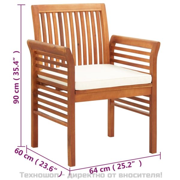 Градински трапезни столове с възглавници, 2 бр, акация масив