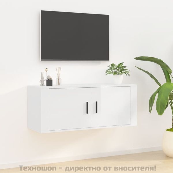 ТВ шкаф за стенен монтаж, бял гланц, 100x34,5x40 см