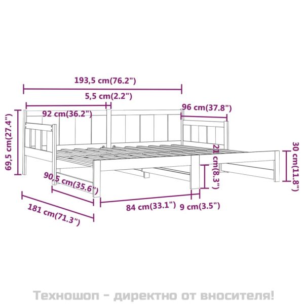 Разтегателно канапе, черно, бор масив, 2x(90x200) см