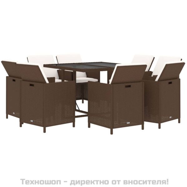 Градински комплект с възглавници 9 части полиратан кафяв