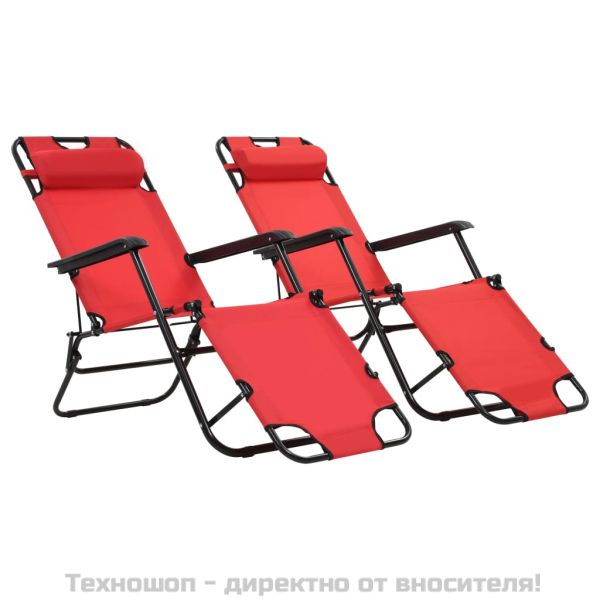 Сгъваеми шезлонги с подложки за крака, 2 бр, стомана, червени