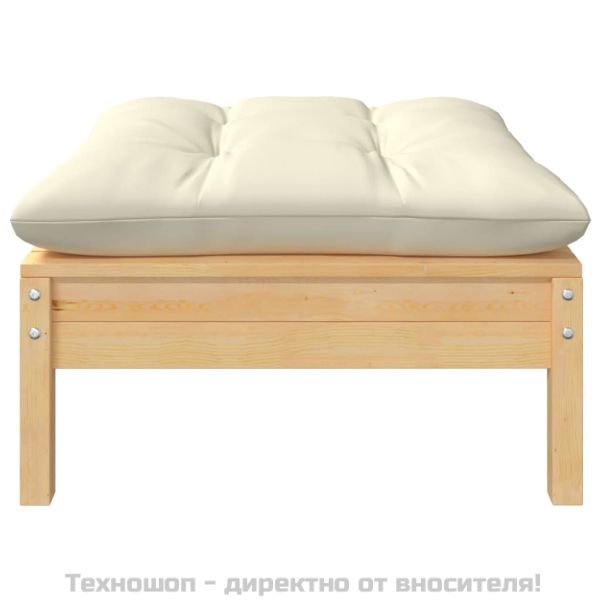 Градинска табуретка с кремава възглавница, борово дърво масив