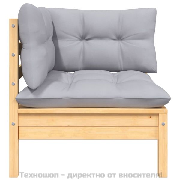 2-местен градински диван със сиви възглавници, бор масив