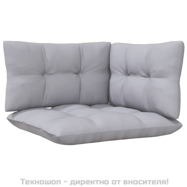 2-местен градински диван със сиви възглавници, бор масив