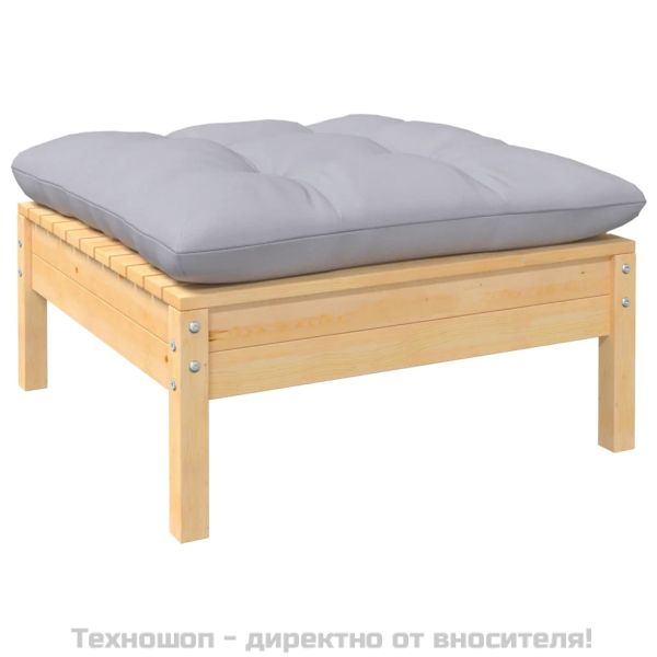 2-местен градински диван със сиви възглавници, бор масив