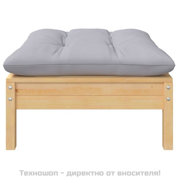 2-местен градински диван със сиви възглавници, бор масив