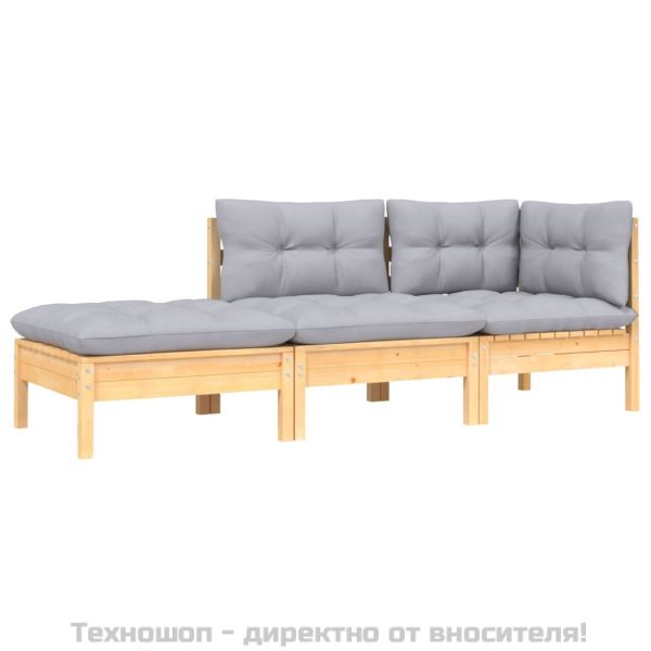 Градински лаундж комплект 3 части сиви възглавници бор масив