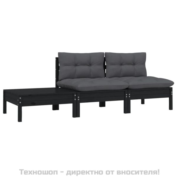Градински комплект от 3 части, с възглавници, черен, бор масив