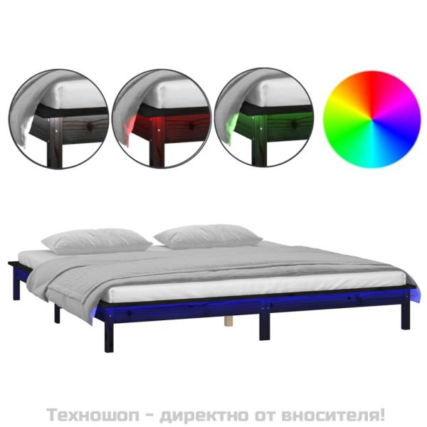 LED рамка за легло черна 140x190 см масивно дърво