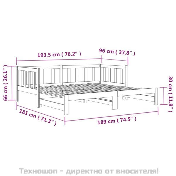 Разтегателна кушетка, бяла, борово дърво масив, 2x(90x190) см