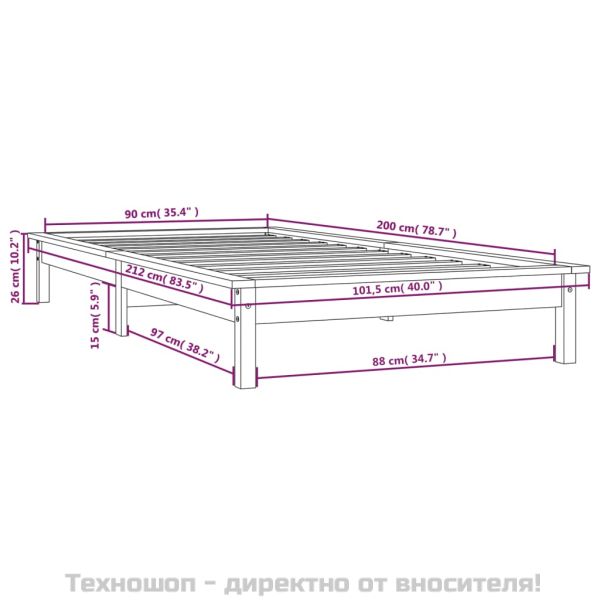 Рамка за легло, меденокафяво, борово дърво масив, 90x200 см