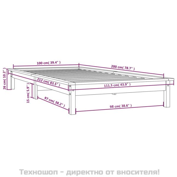 Рамка за легло, сива, 100х200 см, бор масив
