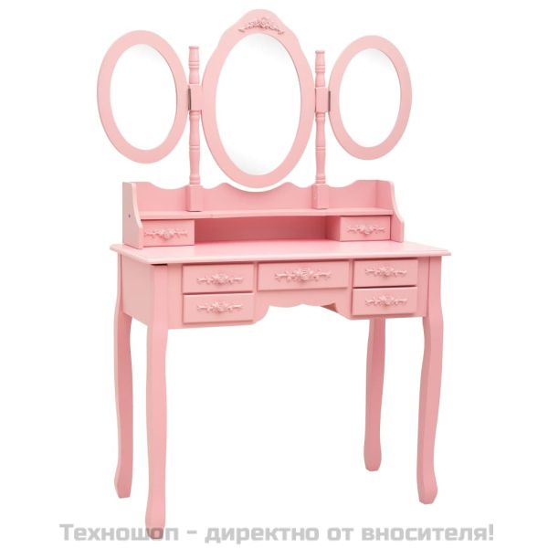 Тоалетка с табуретка и тройно сгъваемо огледало, розова