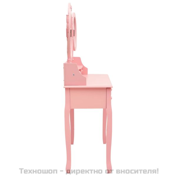 Тоалетка с табуретка и тройно сгъваемо огледало, розова