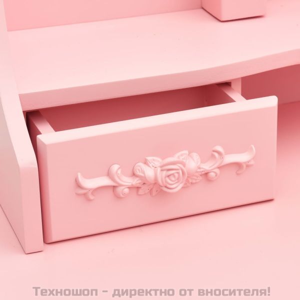 Тоалетка с табуретка и тройно сгъваемо огледало, розова