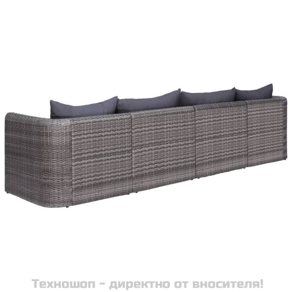 Градински комплект с възглавници, 4 части, сив, полиратан