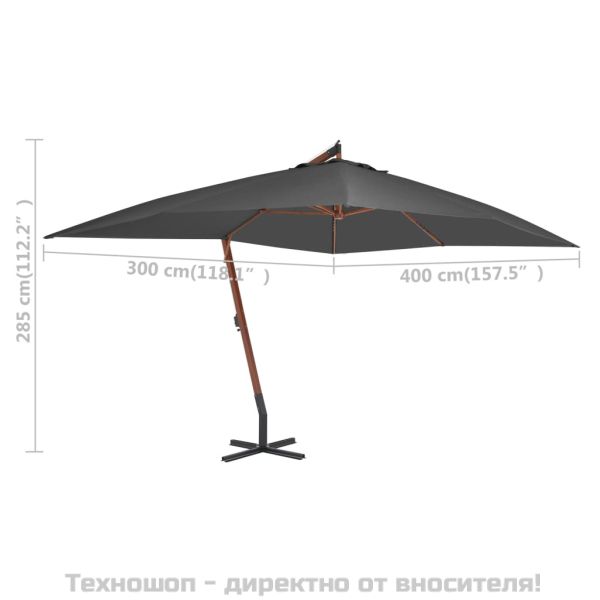 Конзолен градински чадър с дървен прът, 400x300 см, антрацит