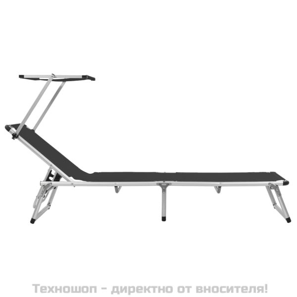 Сгъваем шезлонг със сенник, алуминий и Textilene, черен